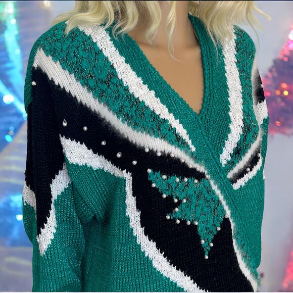Vintage Sweater Geometric V Neck Green Glam by Sideffects M - Picture 4 of 9